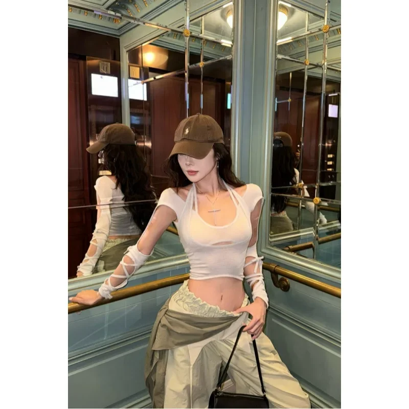 مثير طويلة الأكمام تي شيرت مجموعة جيني الألفية حزام ربطة القوس فيونكة سليم صالح قطعتين فتاة الساخنة الصيف عادية مريحة العلامة التجارية الصينية