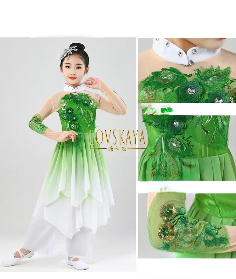 Vestido de baile de Jasmine Flower Yangge para niños, vestido de baile clásico con sombrilla, ventilador étnico, nuevo