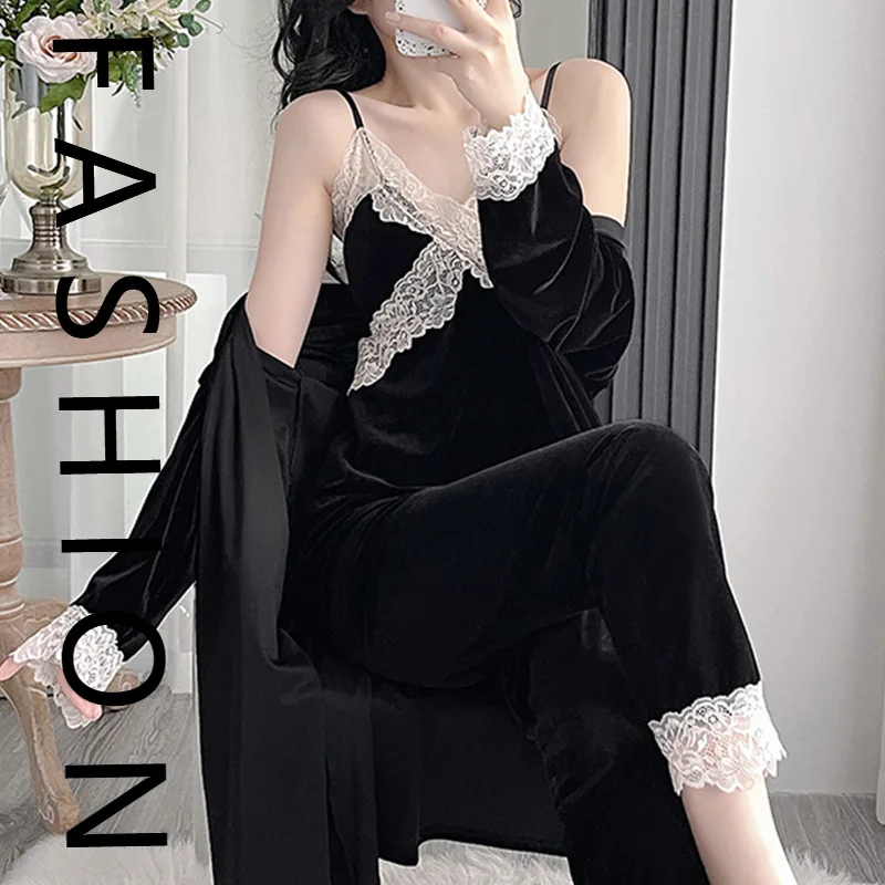 

Золотые бархатные пижамы женские осенне-зимние корейская версия комплект ночной рубашки с длинными рукавами зимняя сексуальная кружевная ночная рубашка на подтяжках