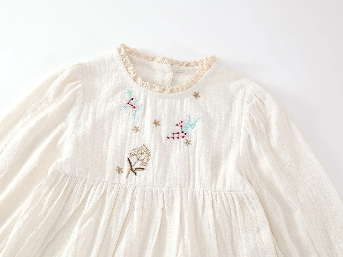 2024 Winter New Girls Dress Long Sleeve O Neck Embroidery Beige Designer Girls Princess Dress Vestido 18M-7T