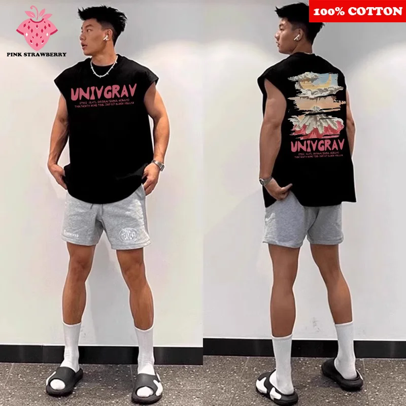 

American style Sports Fitness Vest T-shirt Men Summer 2025 New 100% Cotton Swimming Run Shirt Sleeveless Vest Quick Dry Y2k Top