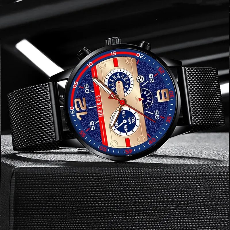 Luxury Fashion Mens Sports Watches Stainless Steel Mesh Belt Quartz Watch for Men Business Leather Luminous Clock