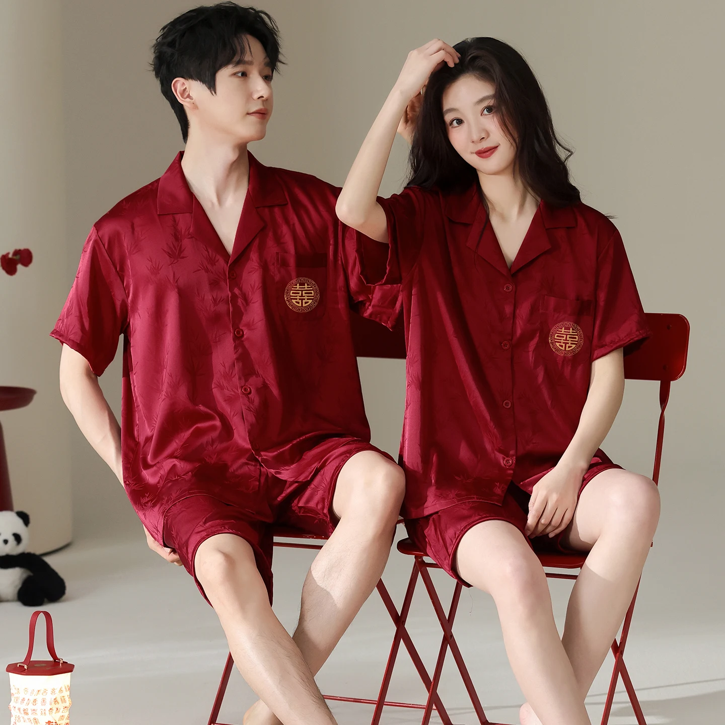 Couples Dress Jacquard Ice Silk Short Sleeve Shorts Cardigan Pyjamas Male Festive Red Color Pajamas Set For Young Female