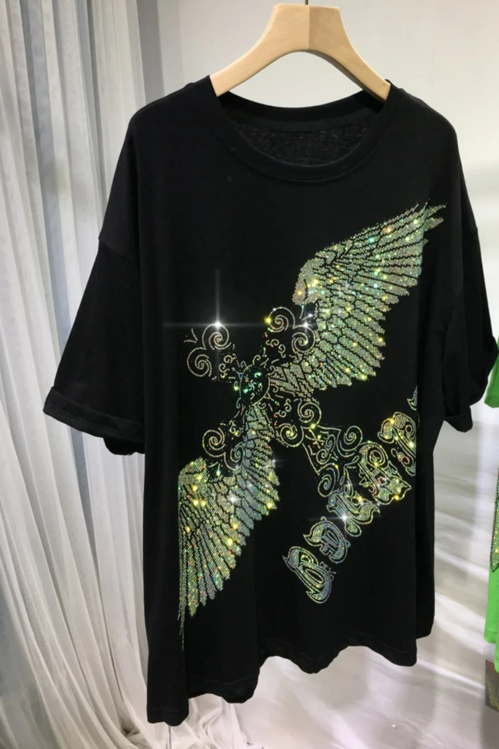 150KG Plus Size Women Men Brand T-shirt Summer Loose Fit Rhinestone Eagle Luxury T Shirt Cotton Black Big Size Women\'s Clothing