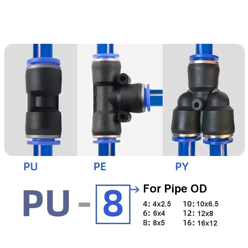 Pneumatic Fitting Tube Connector 4mm 6mm 8mm 10mm 12mm Air Hose Push In Quick Coupling Water Pipe Multiple Type Joint 1PCS