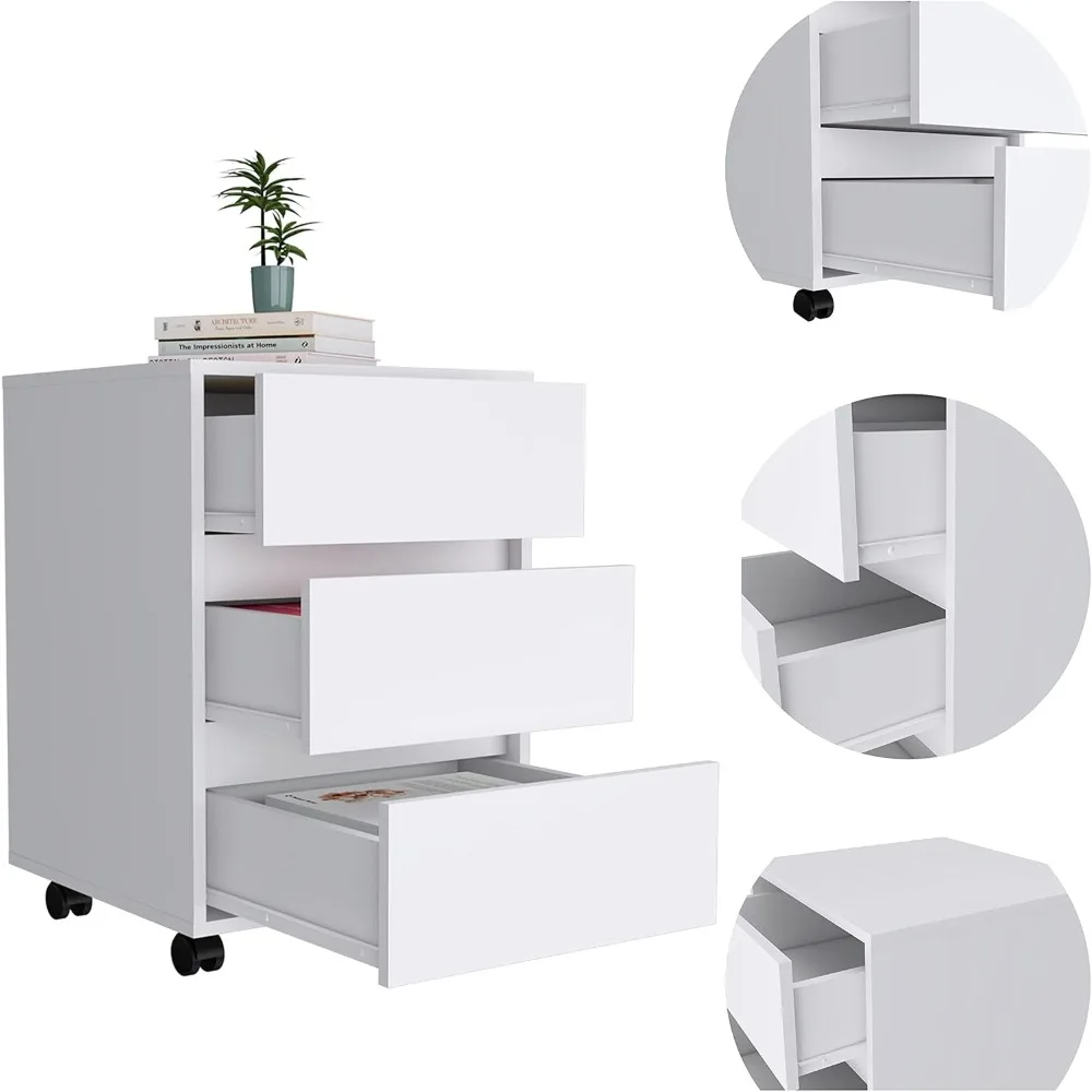 خزانة ملفات حديثة ذات 3 أدراج لتنظيم المكاتب مع عجلات قفل، ارتفاع 25.8، أبيض، مثالية لتخزين مساحة العمل الفعالة