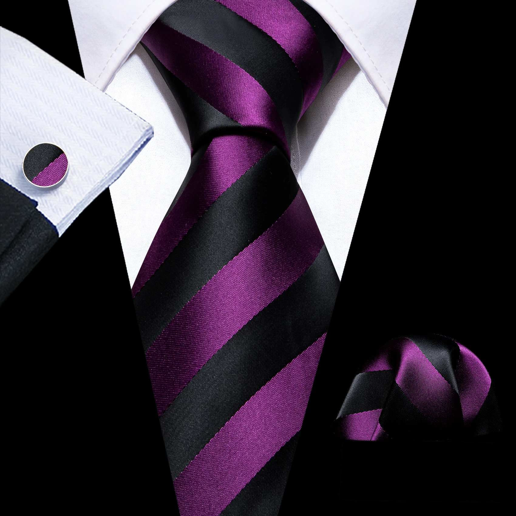 Barry.Wang Jacquard Dark Purple Men's Tie With Pocket Square Cufflinks Set Exquisiet Necktie For Male Wedding Business