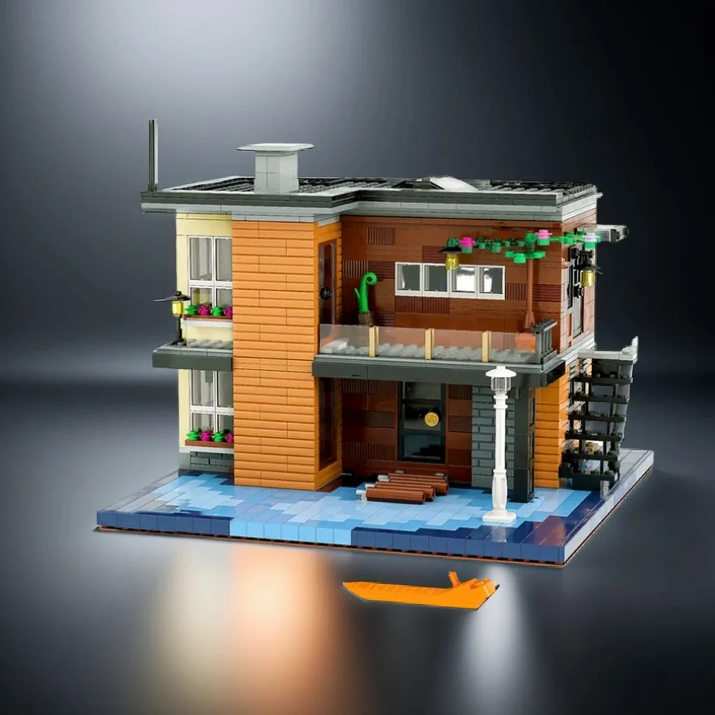 

1686Pcs Lakeside House MOC with Wooden Dock, Canoe, Sloped Roof & Lake View Education Building Blocks Gift