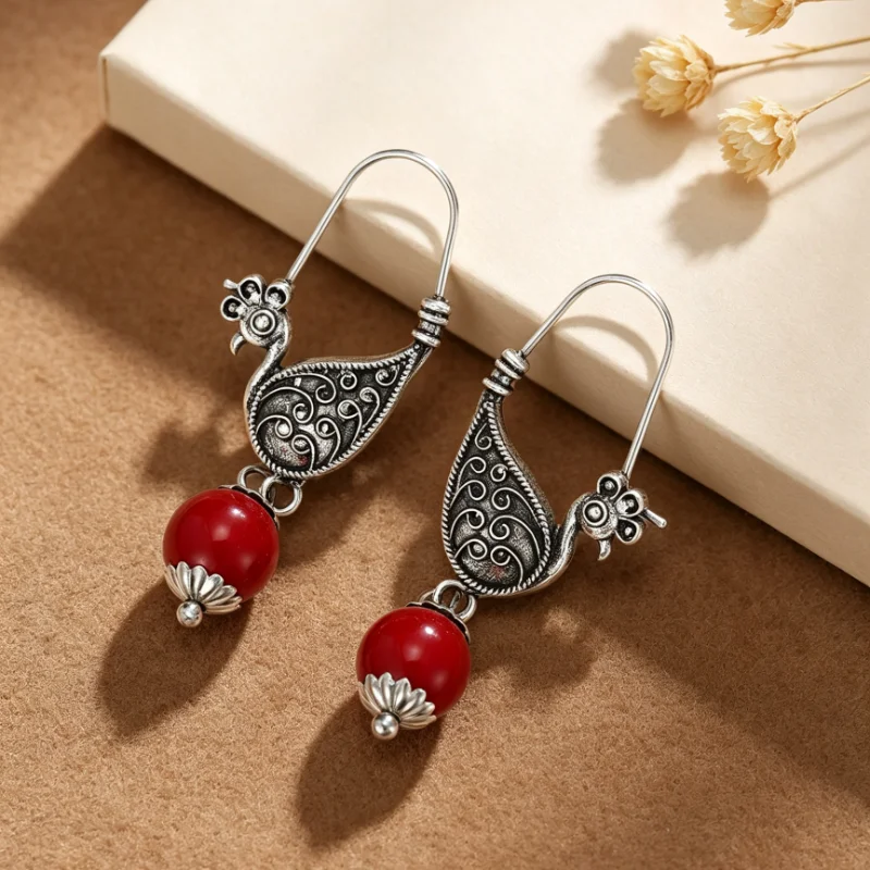 Vintage Peacock Animal Earrings Silver Color Ethnic Red Bead Drop Earrings for Women Boho Tribal Women Gypsy Party Jewelry Gifts