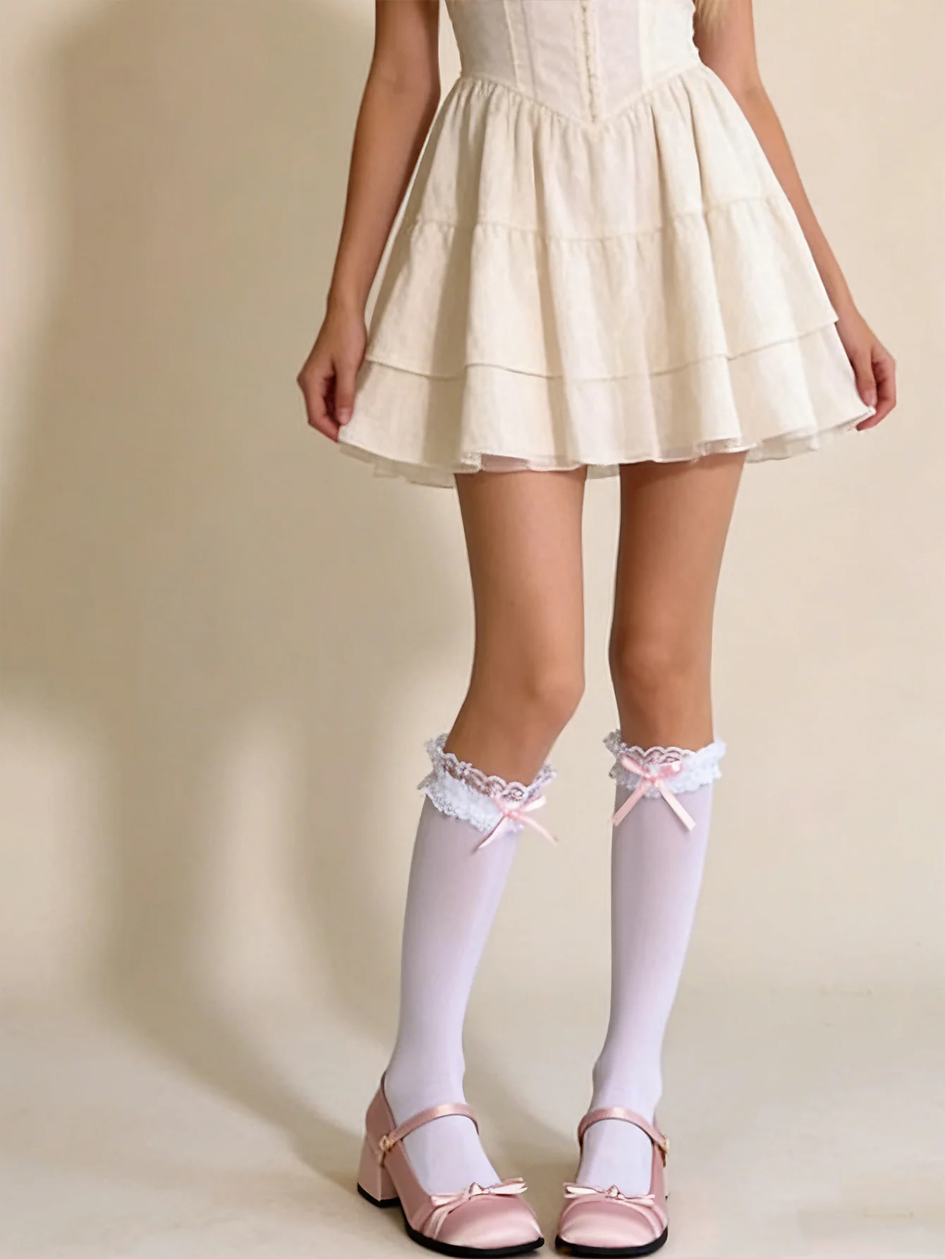 1 Pair Women's Solid Color Calf-Length Socks Sweet Lace Trim Cute Bow Cut-Out Socks, Snag-Resistant Durable Delicate Hosiery Fo