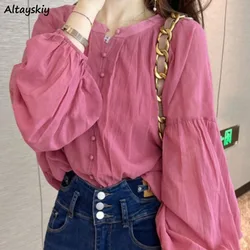 Single Breasted Shirts for Women All-match Solid Minimalist Korean Style Chic Girls Puff Sleeve Thin Spring Autumn New Elegant