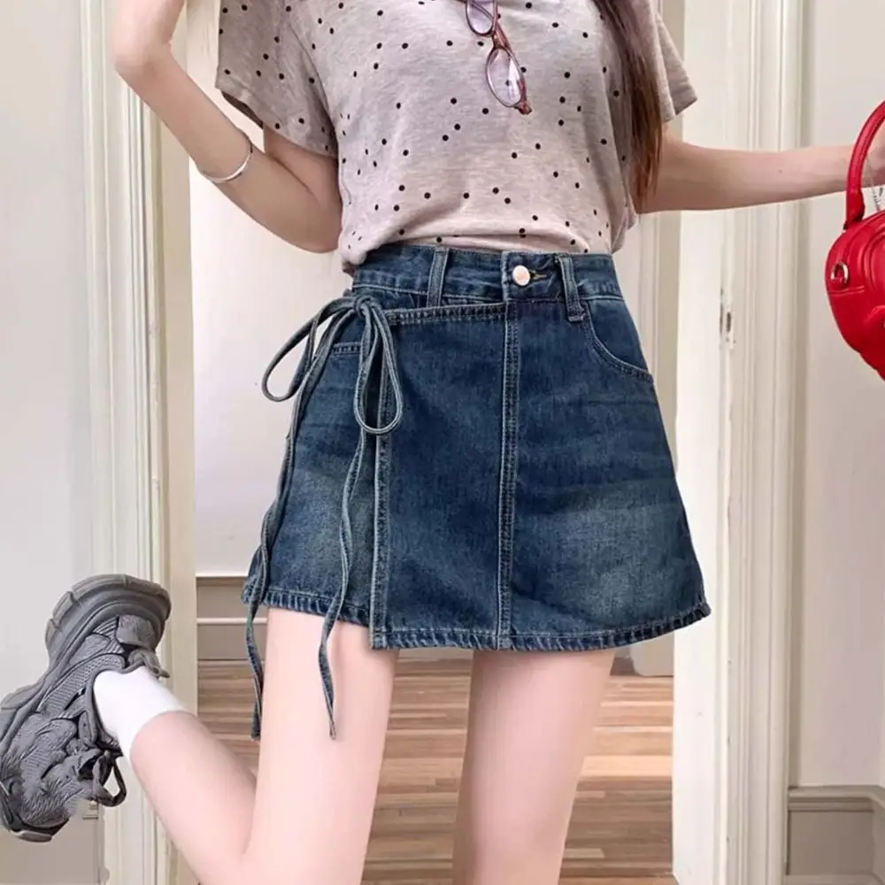 

Lace-up A-line Skirt Shorts Wide Leg Y2K Fake Two-piece Skirt High Waist Spicy Girl Style Baggy Blue Jeans Skirt Spring Summer
