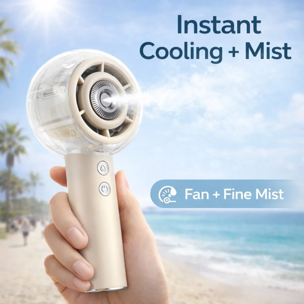 

Portable Misting Fan, 4000mAh USB Rechargeable Handheld Spray Fan With 50ml Water Tank, 4 Speeds Foldable Mini Personal Cooling Fan For Travel, Beach, Office, Camping & Outdoor