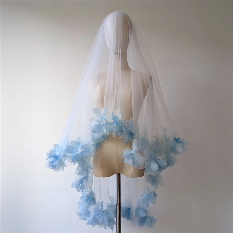 Sky Lignt Something Blue Fluff Flower Organza Floral Bridal Wedding Veils Two Layers With Comb Blusher For Brides Fingertip New