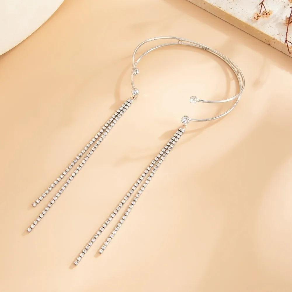 Chic Y2K Style Rhinestone Arm Cuff Chain Tassel Detail Adjustable Open Design Tassel Bangle Dual Layer Metal Frame