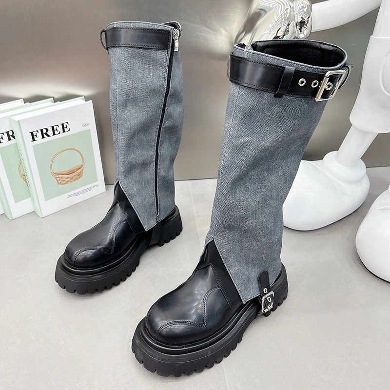 Vintage Denim Women Western Knee-High Boots Fashion Belt Buckle Shoes Autumn Winter Platform Heel Women\'s Knight Long Booties