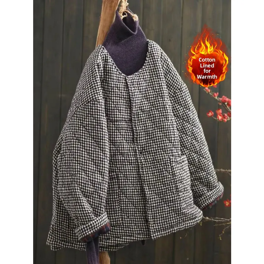 

Casual Large Size Women's Cotton Jaet Winter Thiened round Ne id Warm Small Cotton Coat Loose Fit Artistic Sle