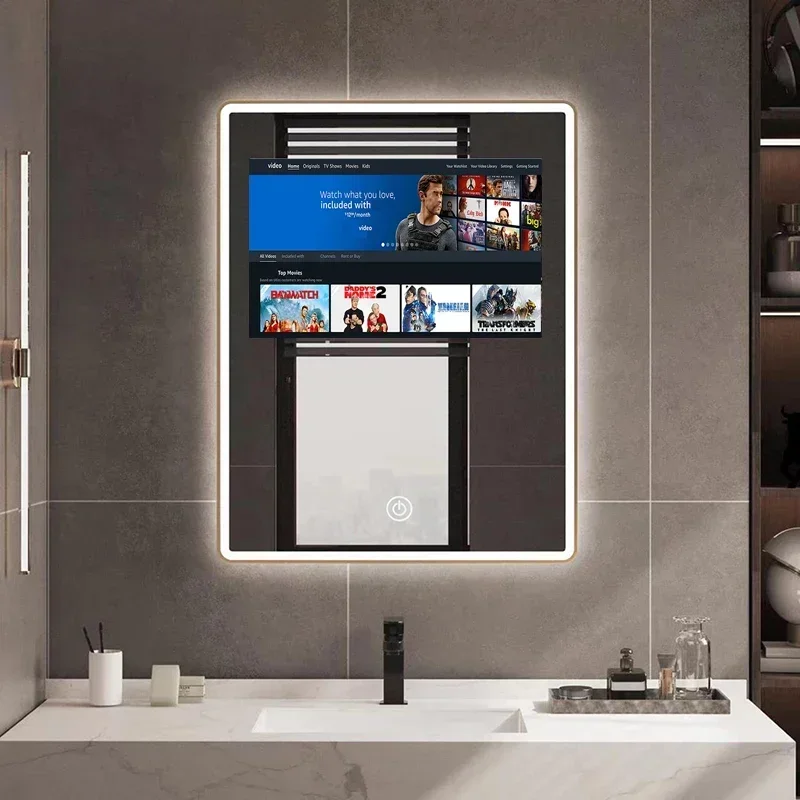 Customized Defogger Rectangle Bathroom Led Light Smart Mirror Tv Touch Screen Travel Makeup Bag Case With Led Light Mirror