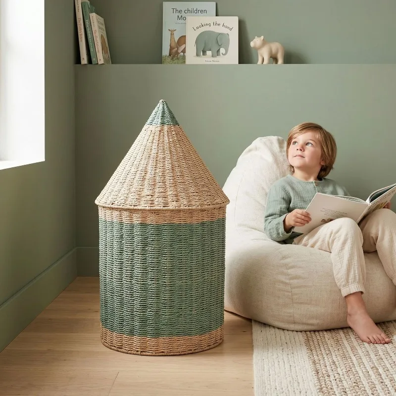 Creative Pencil Shaped Paper Rope Storage Basket with Lid, Multi-use Organizer for Stationery, Toys  Dirty Clothes for Kids Room
