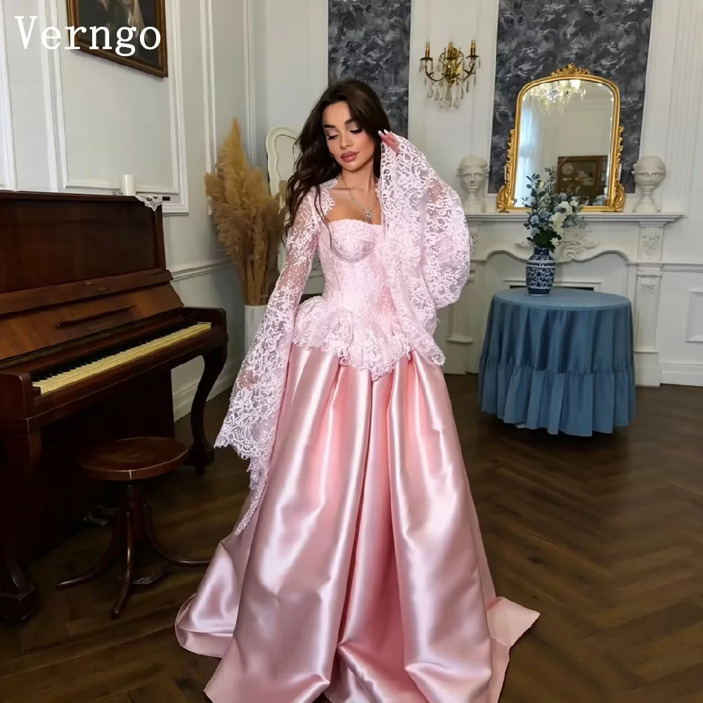 Verngo Pink Satin Evening Dress Square Collar Full Sleeves A Line Pleated Party Dresses Arabia Prom Gown Customized