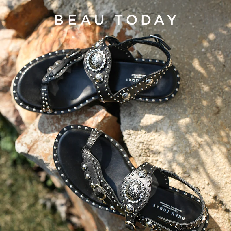 Women's Leather Gladiator Sandals with Floral Metal Detail