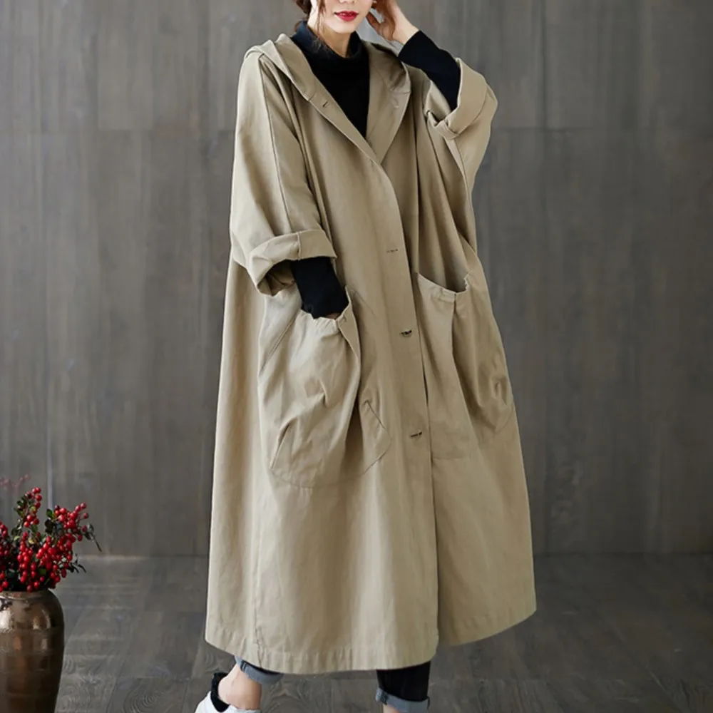 

Spring New Loose Size Over Knee Long Pocket trench Coat Women's Hooded