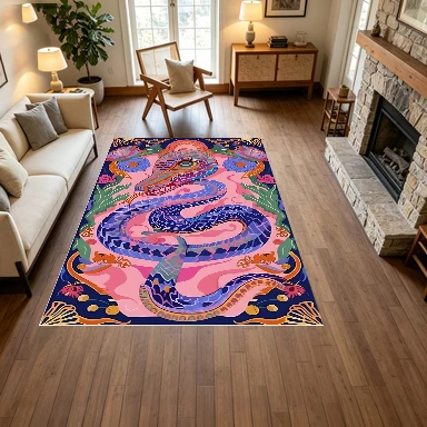 Bohemian Style Psychedelic Snake Pattern Floral Carpet, Colorful Folk Art Carpet, Floor Decoration, Soft Non-Slip Indoor Floor Decoration Carpet
