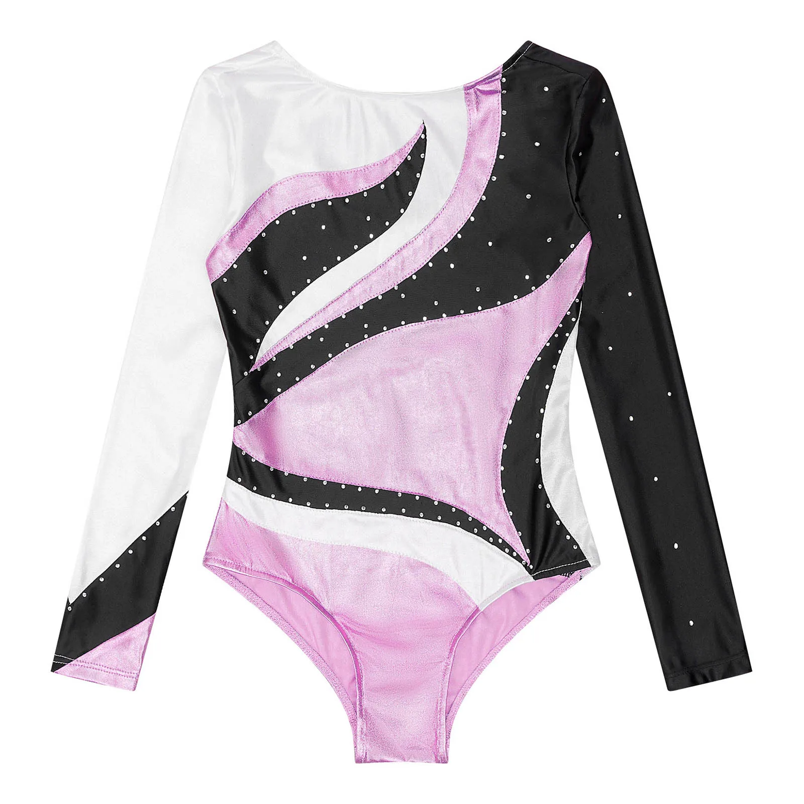 Girls Ballet Gymnastics Skating Leotards Dancewear Long Sleeve Shiny Rhinestone Bodysuit Dance Class Stage Performance Costume