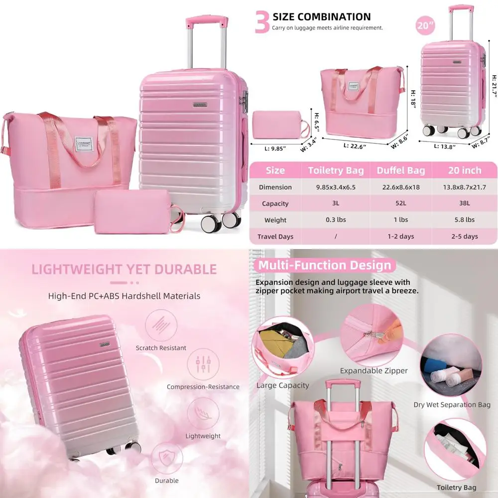 

Набор чемоданов с твердым спиннером из 3 предметов — 20-дюймовый чемодан для ручной клади, одобренный авиакомпанией, материал ПК + АБС-пластик, набор дорожного багажа с большим количеством