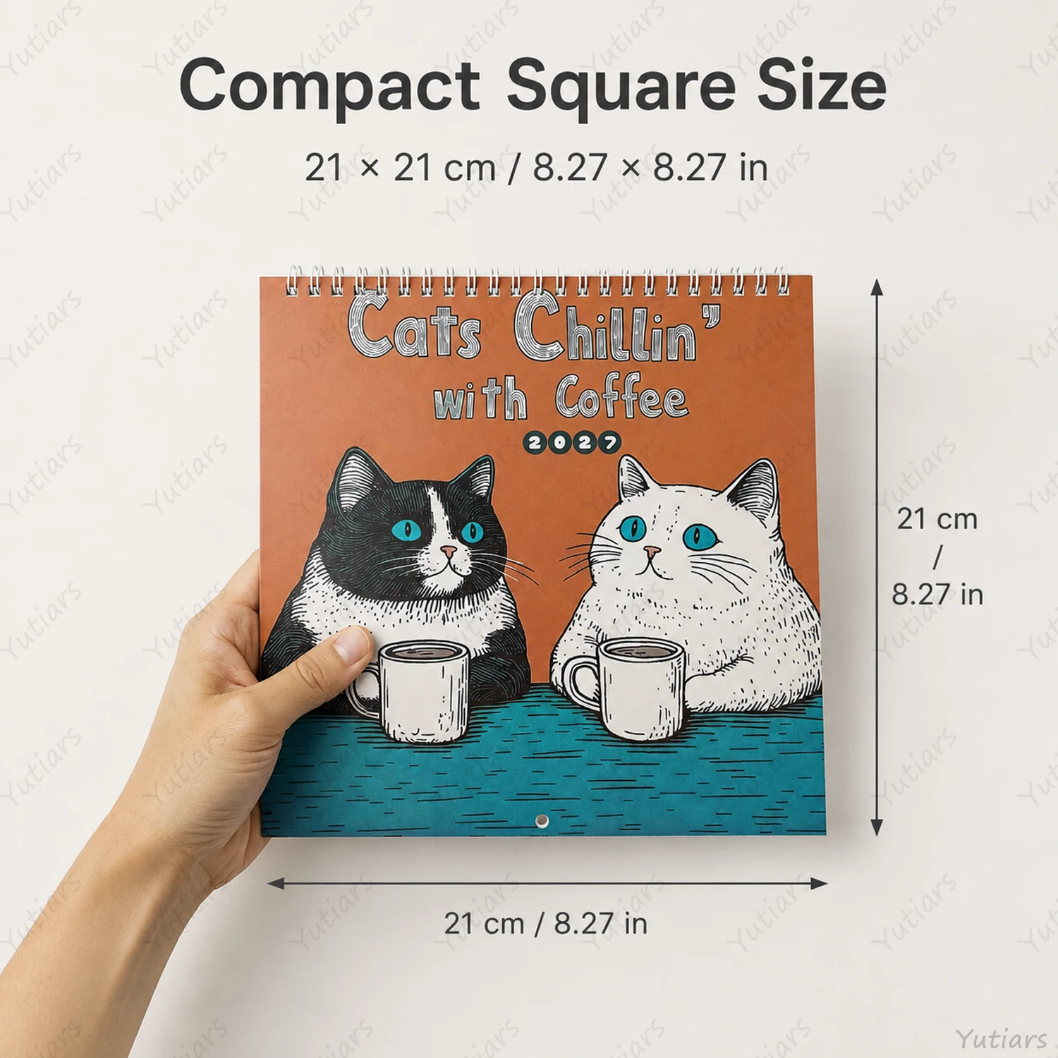 2027 Cat Wall Calendar, Cute Cats Chillin with Coffee Monthly Planner, Square 8.27in Calendar for Home Office Decor Gift Idea