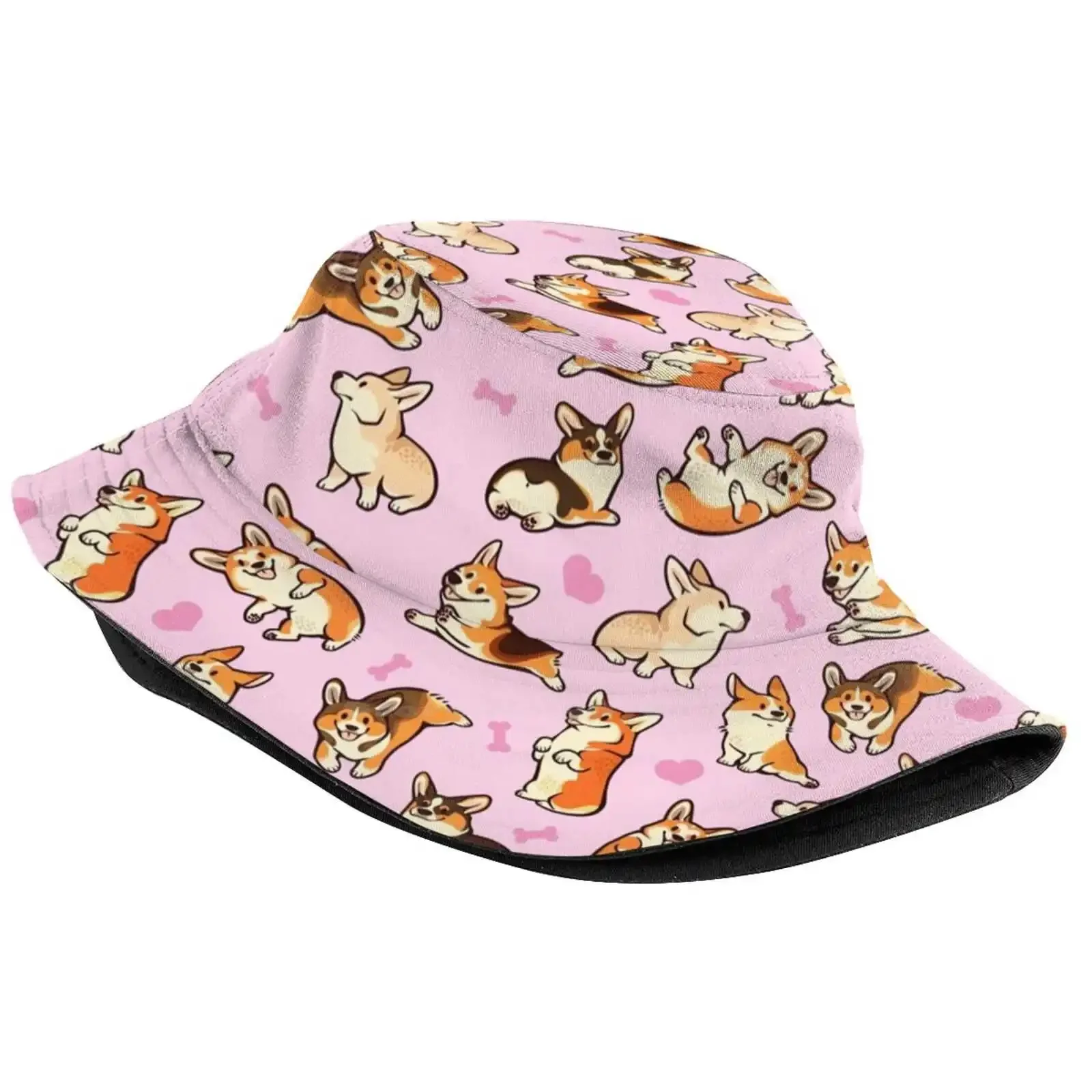 Lovey Corgis In Pink Flat Top Breathable Bucket Hats Pembroke Welsh Corgi Dog Pattern Cute Pink