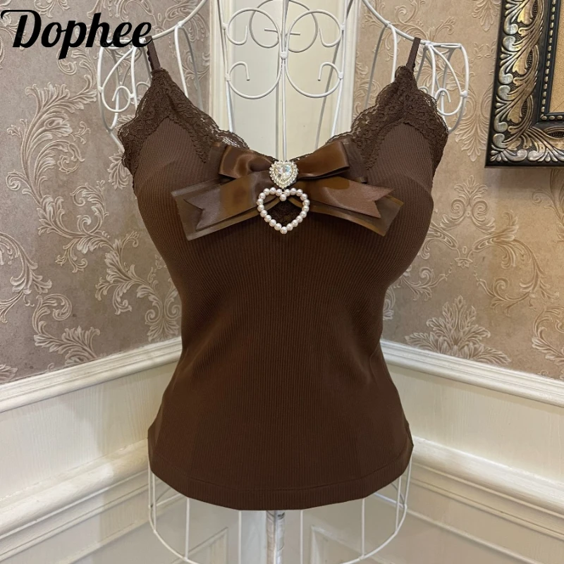 

Dophee Original Cute Women Lolita Camisole Pearl Love Bow Chest Pad Slimming Camis Gem Diamond Lace Splicing Coffee Tanks Top