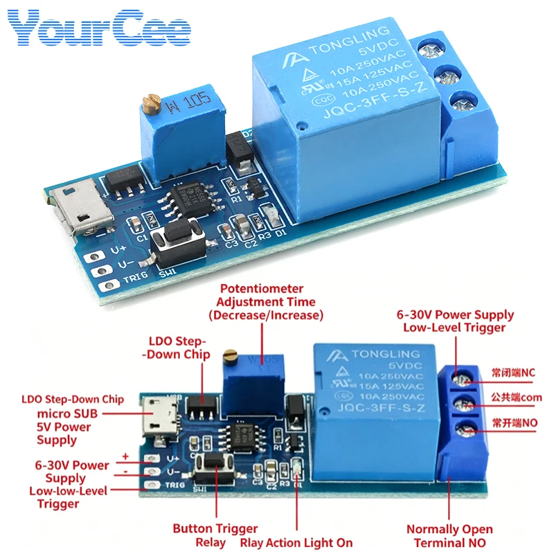 Triggered Delay Relay Module Timer Delay Turn-On/Switch Controller Board Module Wide Voltage Range 5V–30V MicroUSB 5.0V