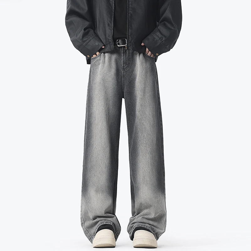 

High Street Men's Denim Trousers Gradient Color Washing Streetwear Cleanfit Straight Leg Loose Male Jeans Autumn