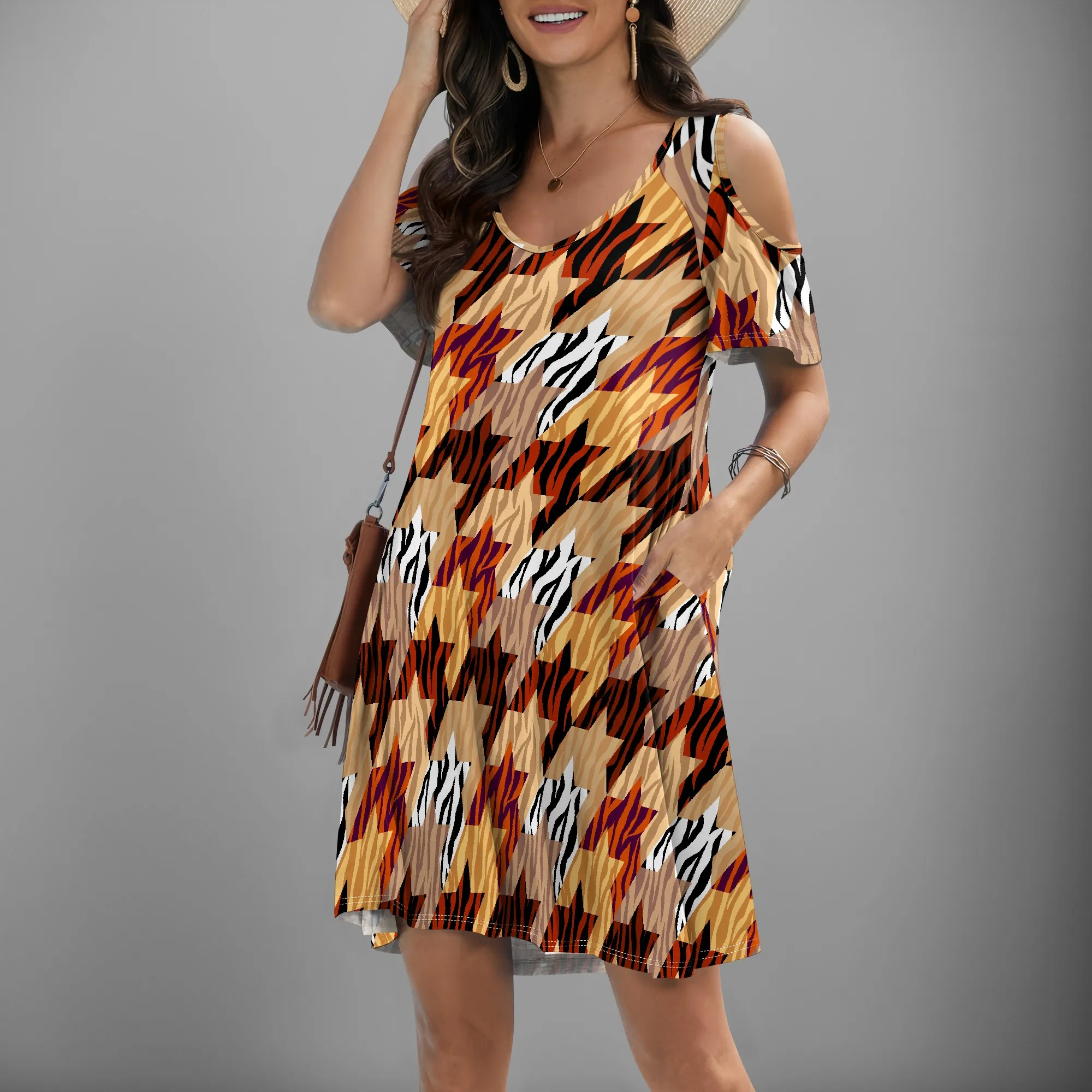

Short Sleeved V-neck Off Shoulder Women Mini Dress with Pocket A-type Skirt XS-3XL Tiger Stripe Print Flowy​
