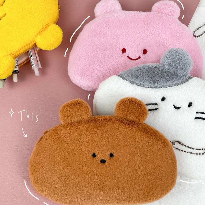 Bolsa de caneta de pelúcia de animais de desenho animado, grande capacidade, armazenamento de papelaria, estojo de lápis fofo, bolsa de cosméticos, material escolar