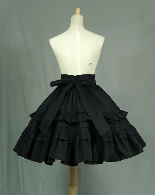 Czarna spódnica w stylu Vintage, krótka spódnica Lolita z warstwowymi falbankami w koronkowym ogrodzie