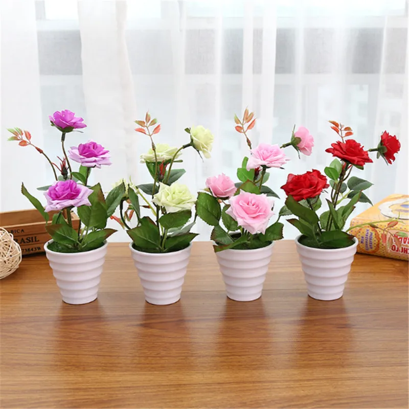 

1Set Artificial Silk Rose Flower Bonsai With White Pot Home Garden Balcony Wedding Christmas Party Decoration