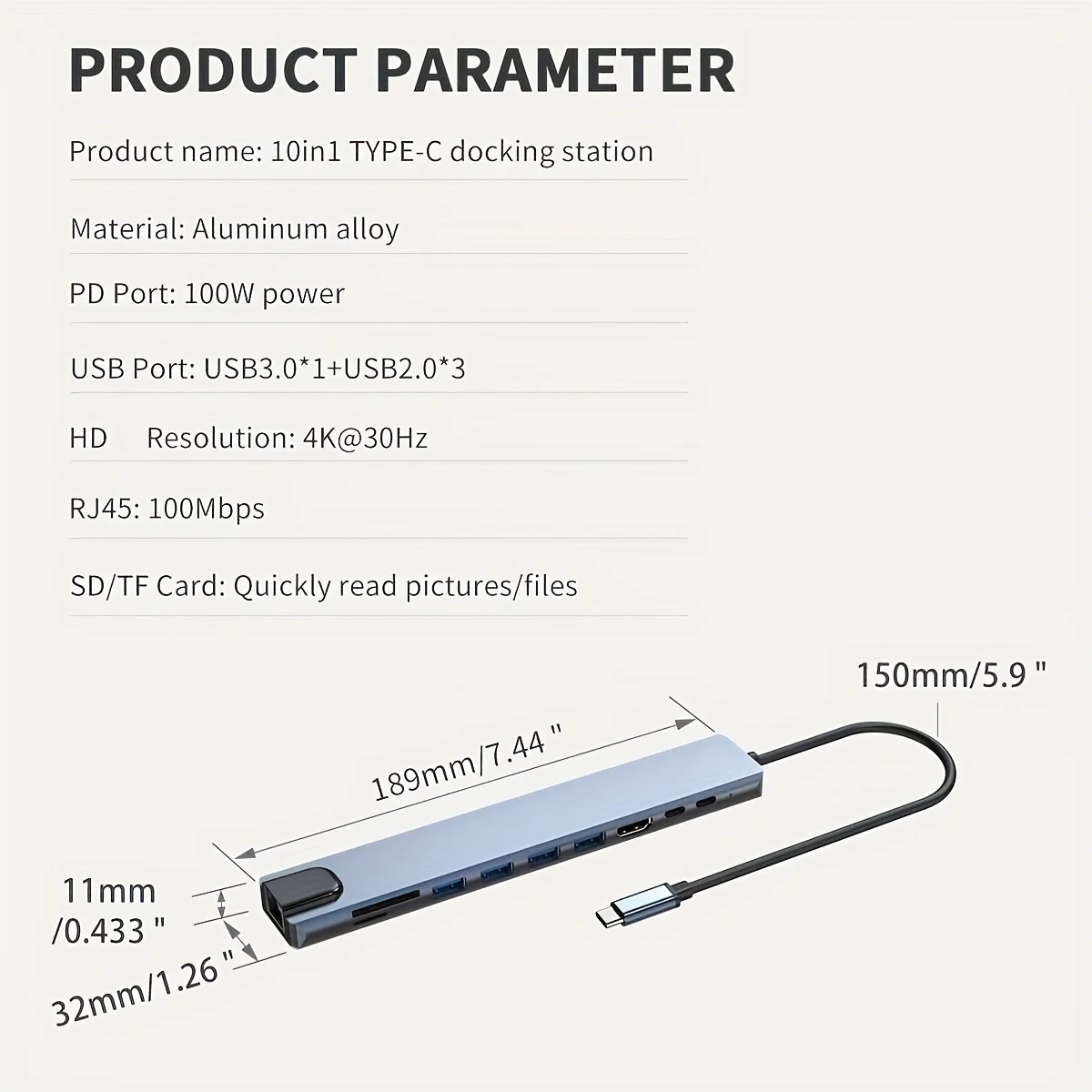 10 in 1 USB C HUB 4K30Hz Docking Station Type C to HDMI-Compatible RJ45 Ethernet PD100W for MacBook iPad Huawei Sumsang Phone