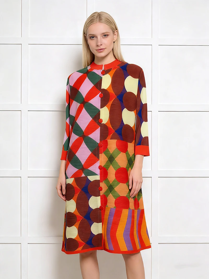

Miyake Large Size Pleated Dress Single-breasted Cardigan Loose Fit Lapel Print Summer 2026 Fashion for Thin to Fat Women