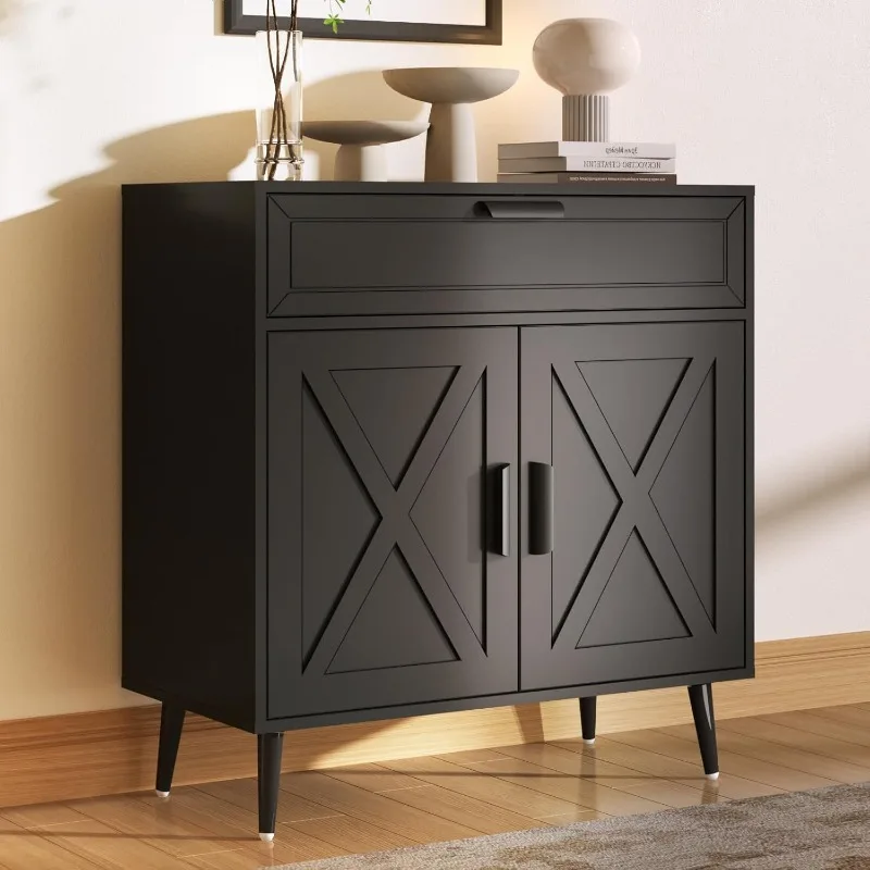 Kitchen Sideboard Buffet Cabinet with 2 Doors and 1 Drawer, Adjustable Shelves, Modern Coffee Bar Cabinet (Black)