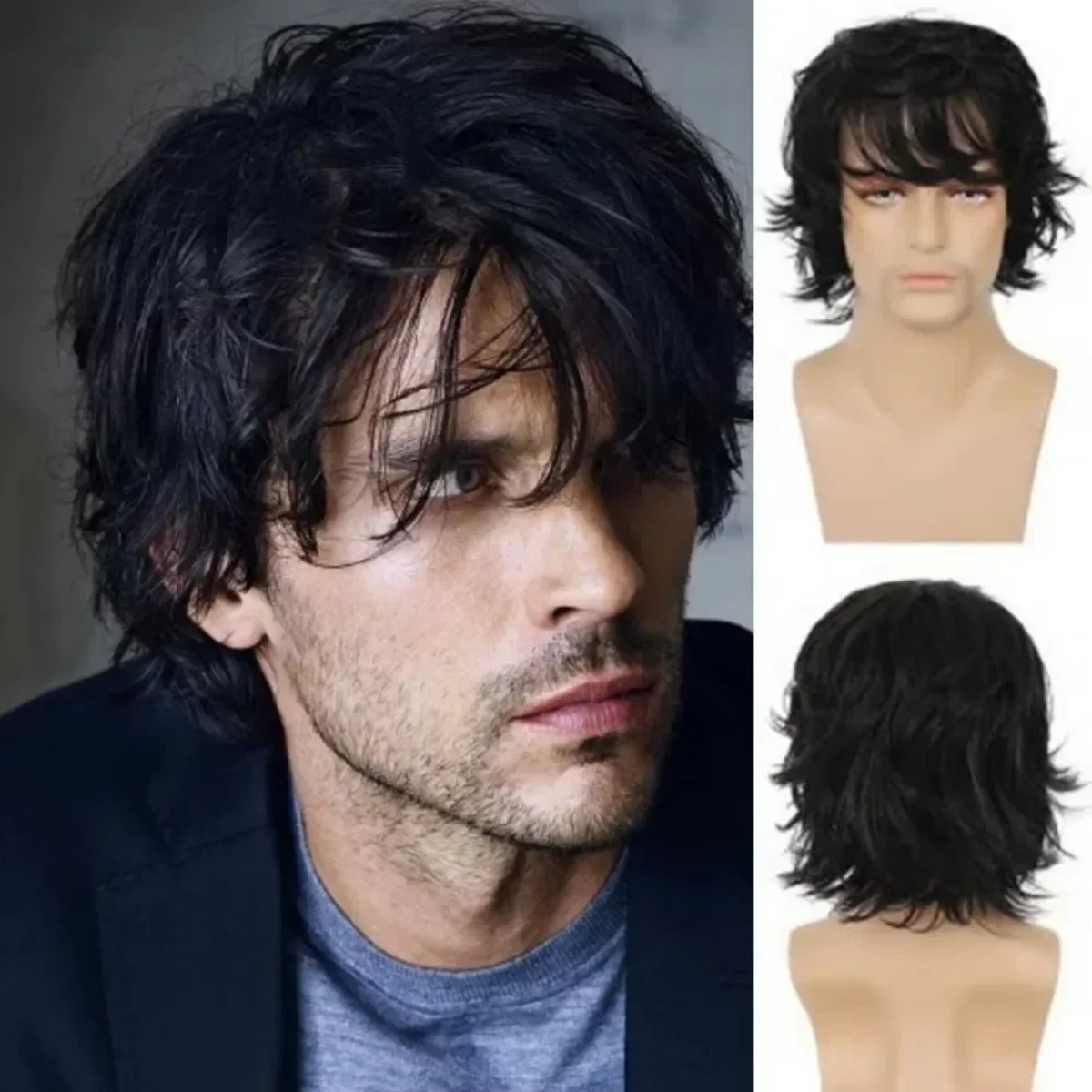 Men Short Curly Wig with Bangs Fluffy Natural Looking Heat Resistant Fiber Synthetic Hair Male Black Daily Party Wear