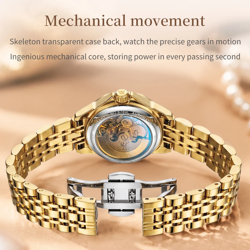 LEVS 6789 Women Automatic Mechanical Watch Diamond Cut Mirror Date Display Two-tone Stainless Steel Strap Luxury Ladies Wristwat