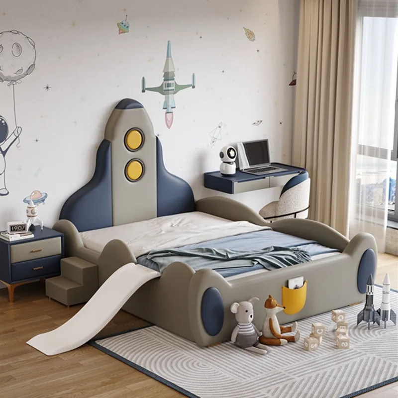 Bed teen bedroom space astronaut leather 1.5m solid wood guardrail bed