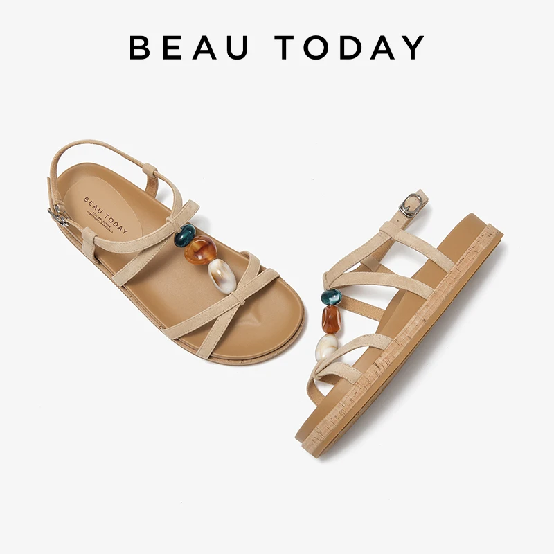 

BEAUTODAY сандалии-гладиаторы, женские замшевые кожаные туфли с бусинами, круглый носок, пряжка на щиколотке, женская обувь на платформе, ручная работа 34635