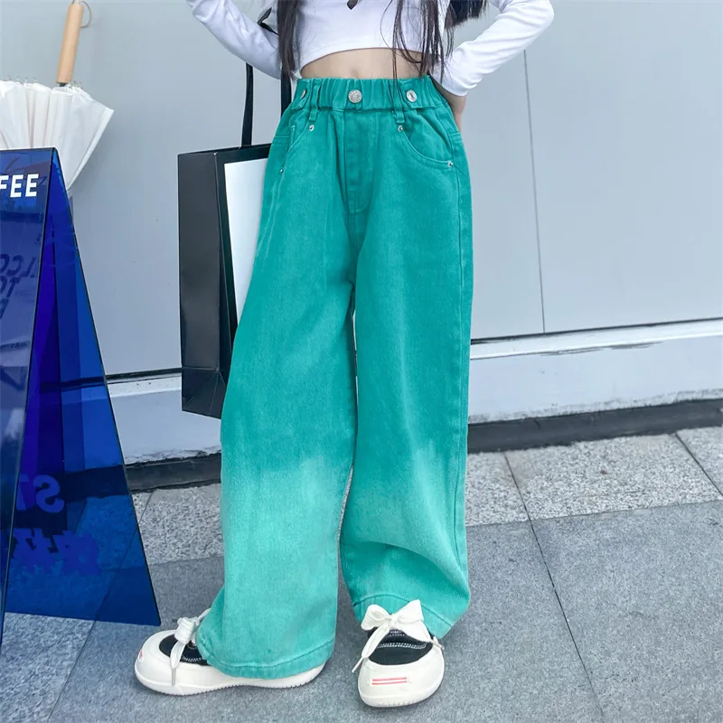 Jeans for Girls Candy Color Fashion Gradient Wide Leg Pants Children\'s Clothes Spring Autumn Teenager Cotton Streetwear Trousers