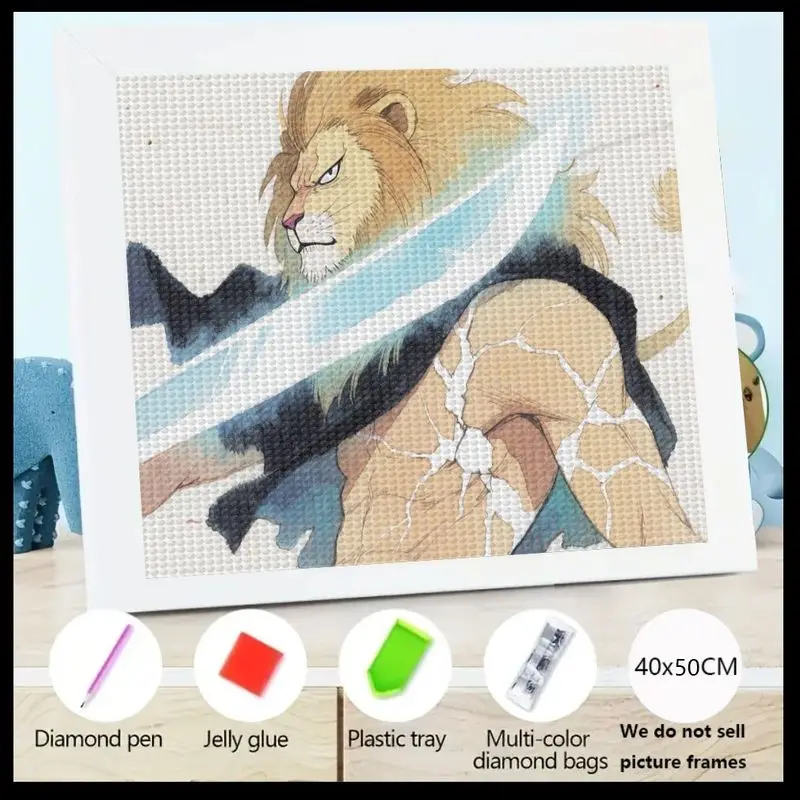 1 szt. Zestaw do samodzielnego wykonania obrazu diamentowego 5D, styl anime, Mocny Wojownik Lew, kryształowe kamienie szlachetne, szczegółowa grafika dla dorosłych i nastolatków.