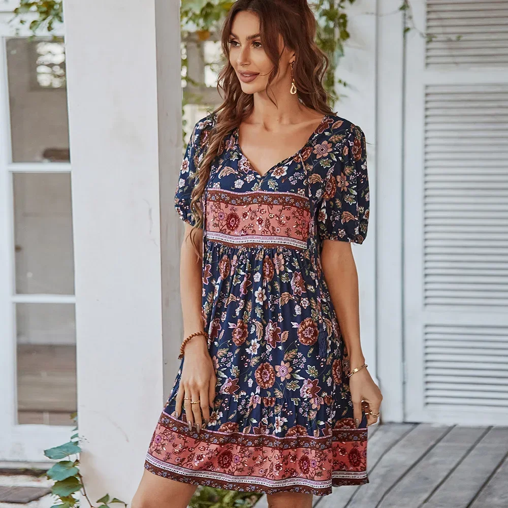 Elegant Summer V-neck Holiday Beach Dresses Spring V-neck Printed Dress for Women Short Sleeve Boho Mini Dress Party Vestidos