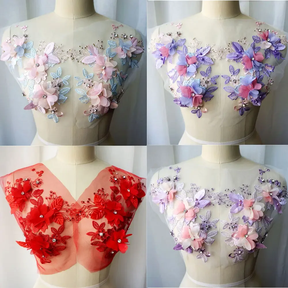 2 szt. Czerwony fioletowy 3D kwiat koronki koraliki z tkaniny Rhinestone haftowane aplikacje do sukni szyć naszywki na dekoracje ślubne sukienka DIY