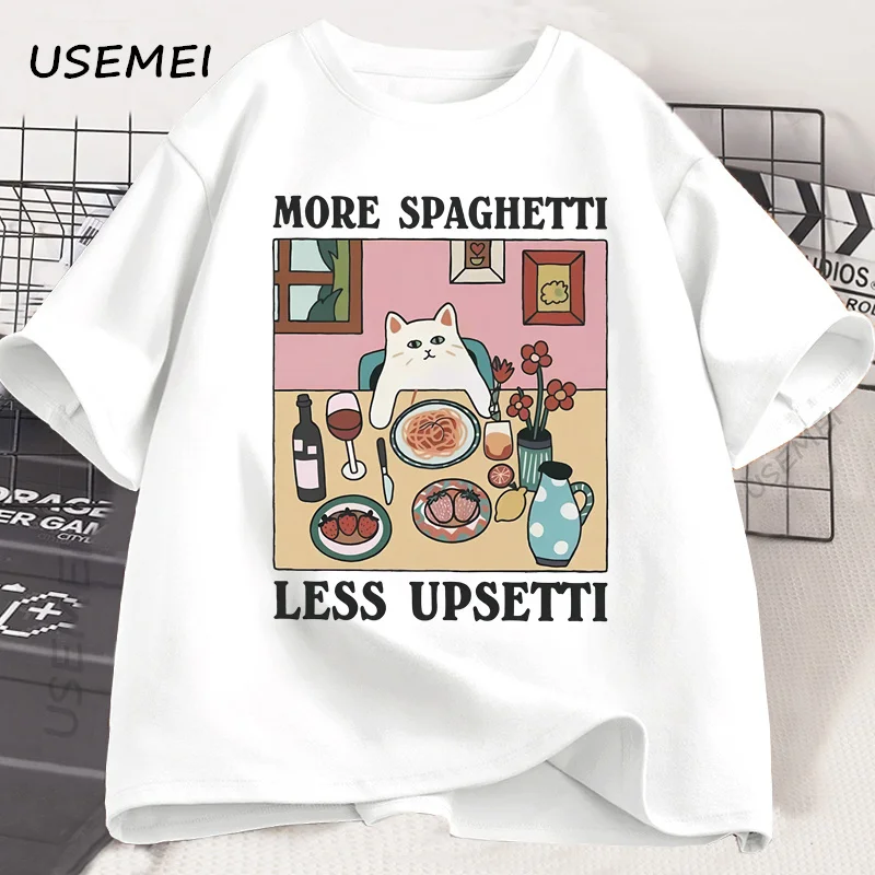 Mehr Spaghetti, weniger Upsetti, Katzen-T-Shirt, lustiges Katzenliebhaber-T-Shirt, Essen, Humor, Grafik-Top für Männer und Frauen, lässiges, lockeres Baumwoll-Druck-T-Shirt